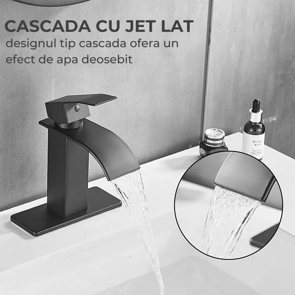 Baterie de baie Elindor finisaj negru mat, moderna, tip cascada, un maner, pentru chiuvete cu 1 sau 3 orificii, inclus pla...