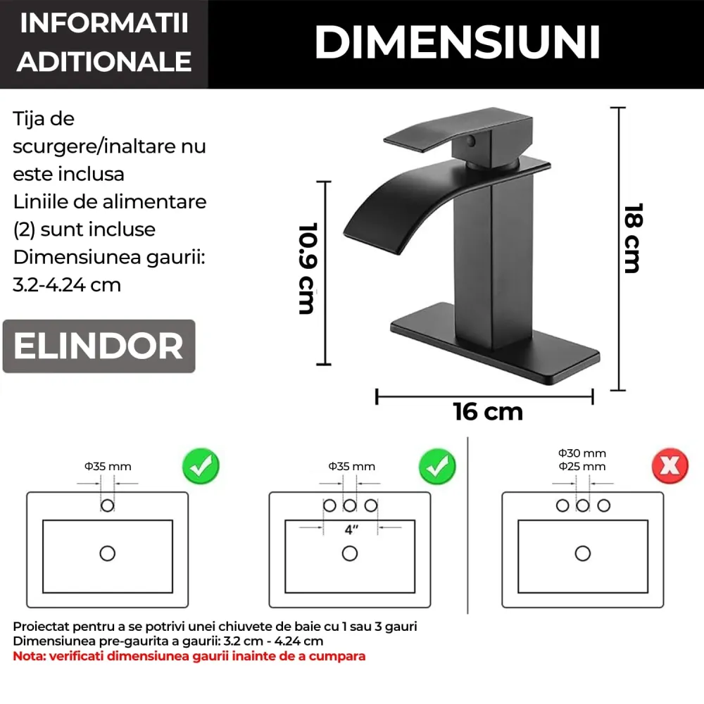 Baterie de baie Elindor finisaj negru mat, moderna, tip cascada, un maner, pentru chiuvete cu 1 sau 3 orificii, inclus pla...