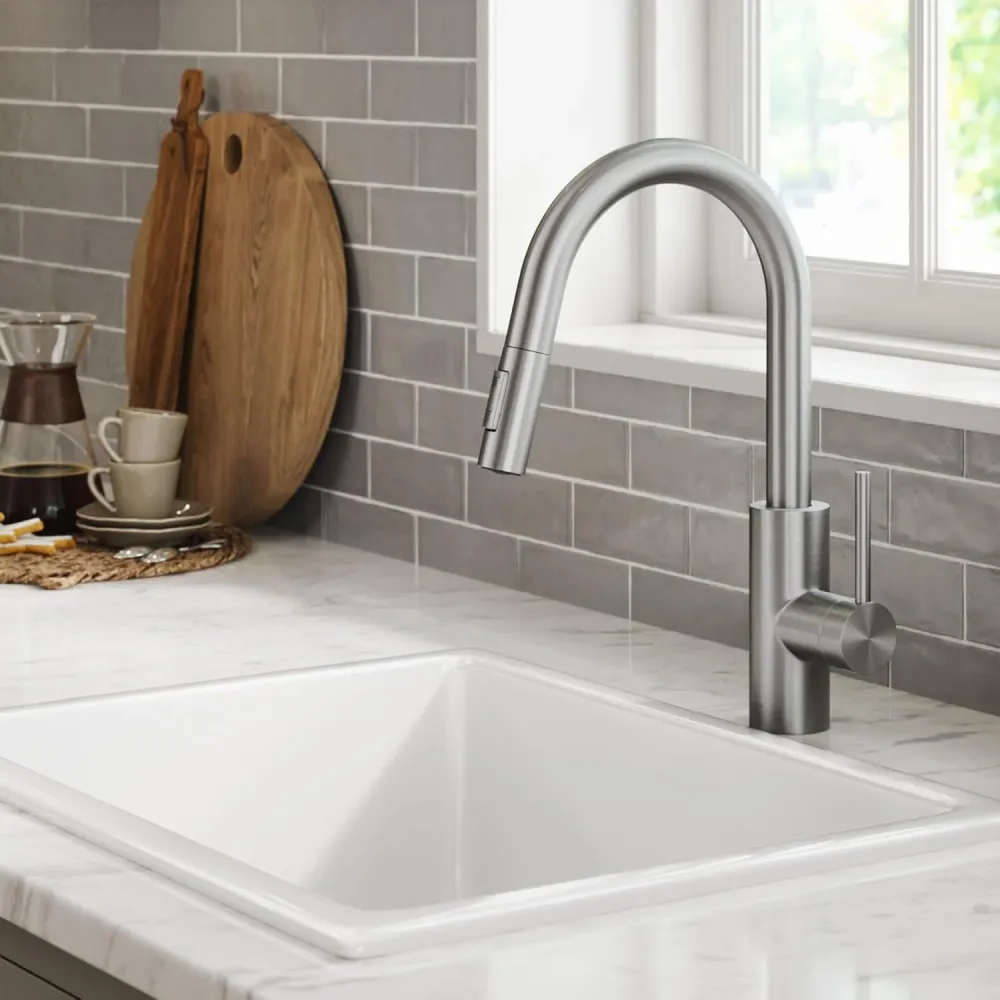 Baterie Bucatarie cu Dus Extractibil Elindor®, Jet Ajustabil, Design Modern, Argintiu