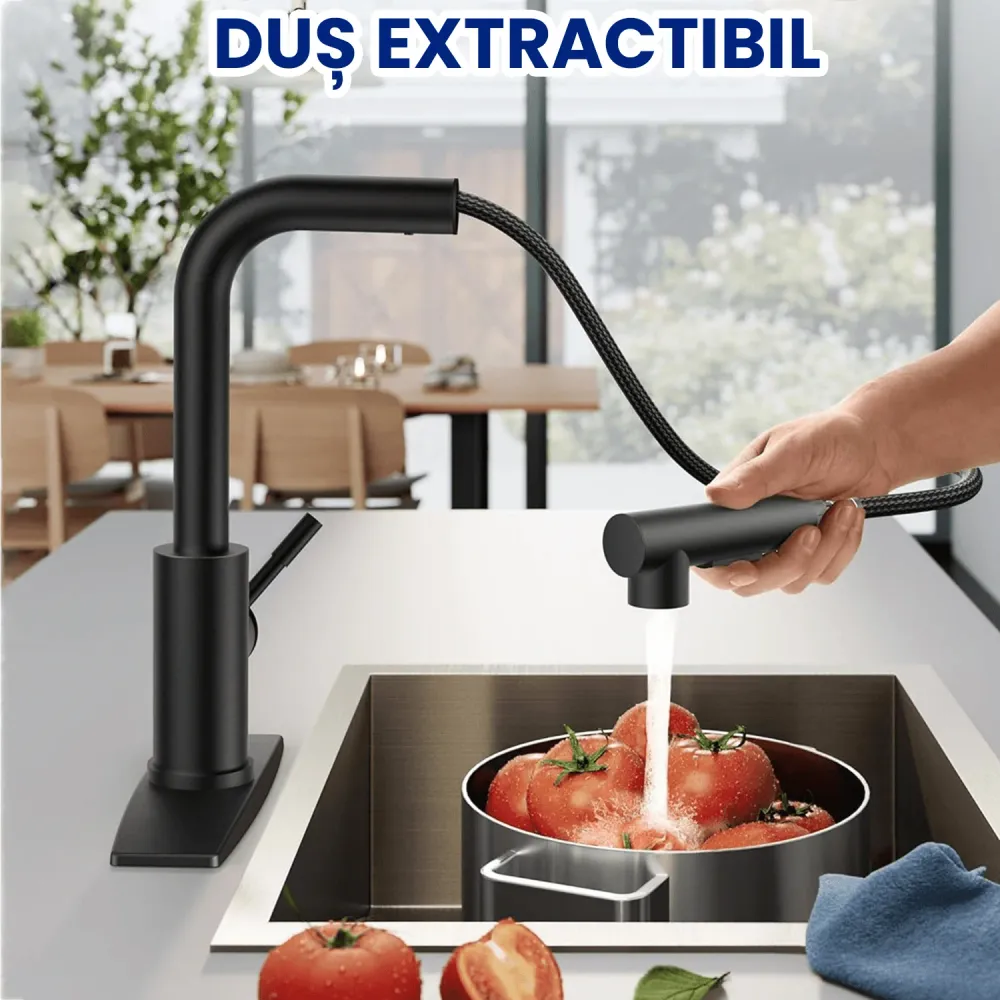 Baterie de Bucătărie Premium cu Duș Extractibil, 360°, Oțel Inoxidabil, Monocomandă, Negru