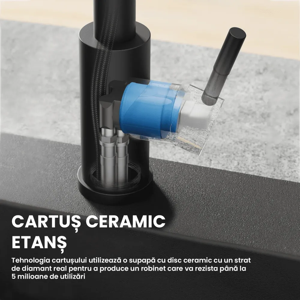 Baterie de Bucătărie Premium cu Duș Extractibil, 360°, Oțel Inoxidabil, Monocomandă, Negru