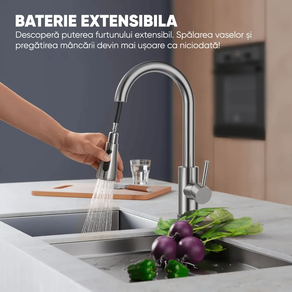 Baterie Bucătărie Premium Multifuncțională, Oțel Inoxidabil, Pipă Înaltă, cu Duș Extractabil, Argintiu