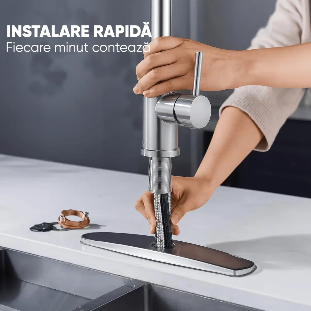 Baterie Bucătărie Premium Multifuncțională, Oțel Inoxidabil, Pipă Înaltă, cu Duș Extractabil, Argintiu