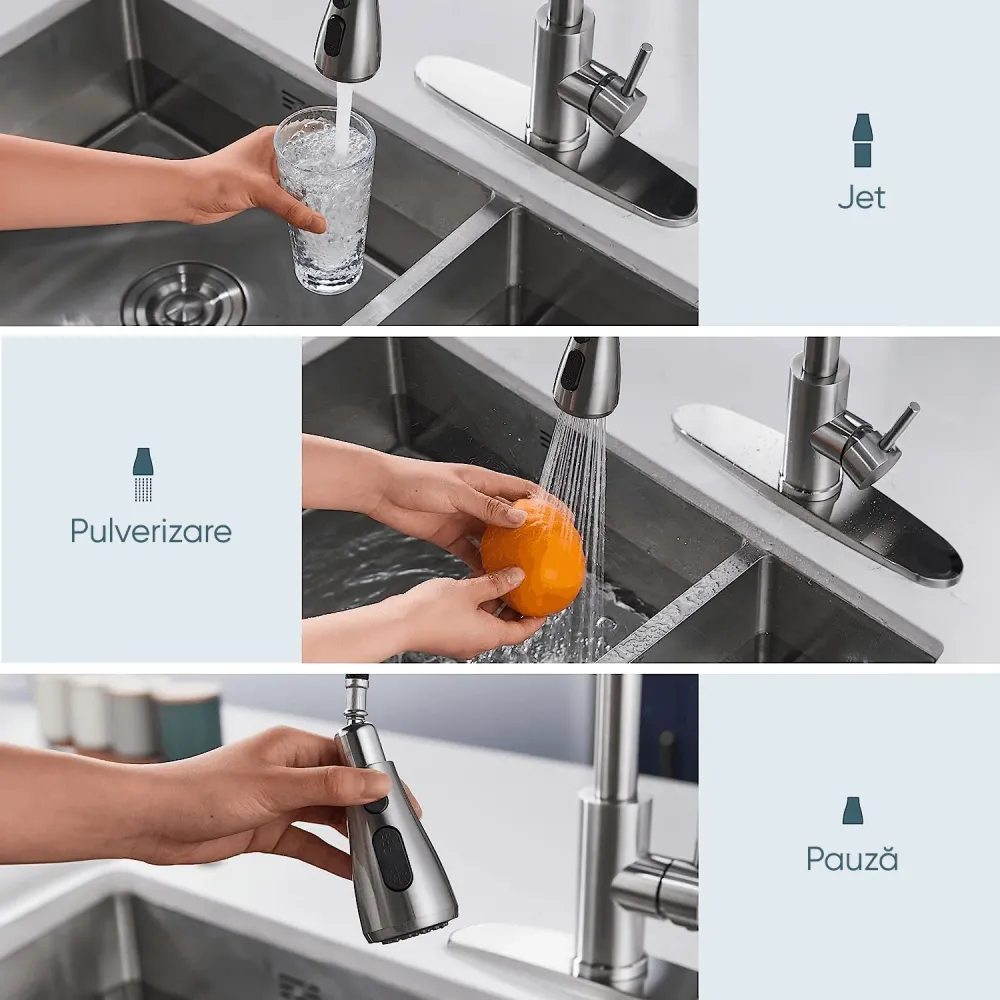 Baterie Bucătărie Premium Multifuncțională, Oțel Inoxidabil, Pipă Înaltă, cu Duș Extractabil, Argintiu