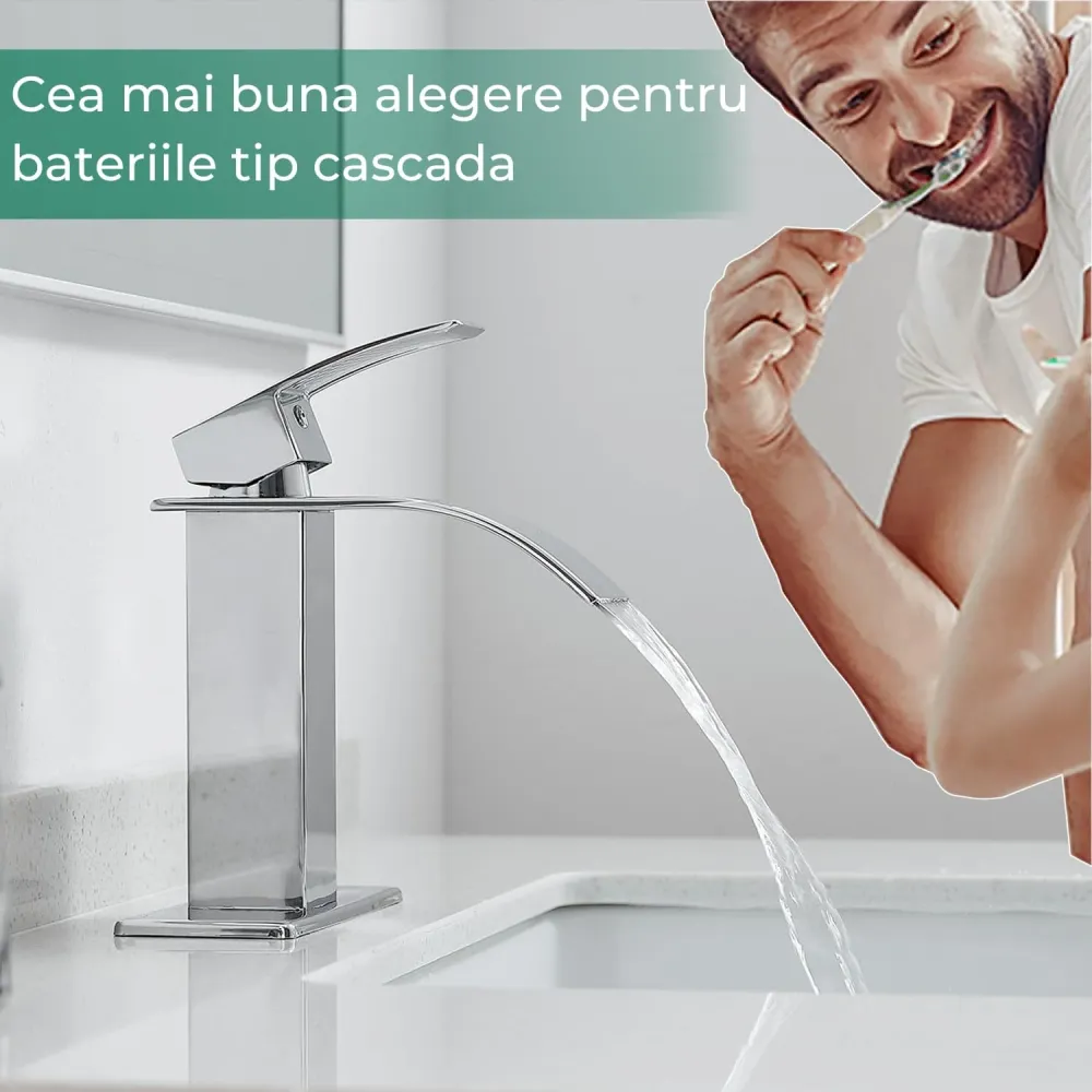 Baterie Cascadă Elindor® pentru Chiuveta Baie, Finisaj Cromat, Mâner Unic, Placă pentru 1 sau 3 Găuri
