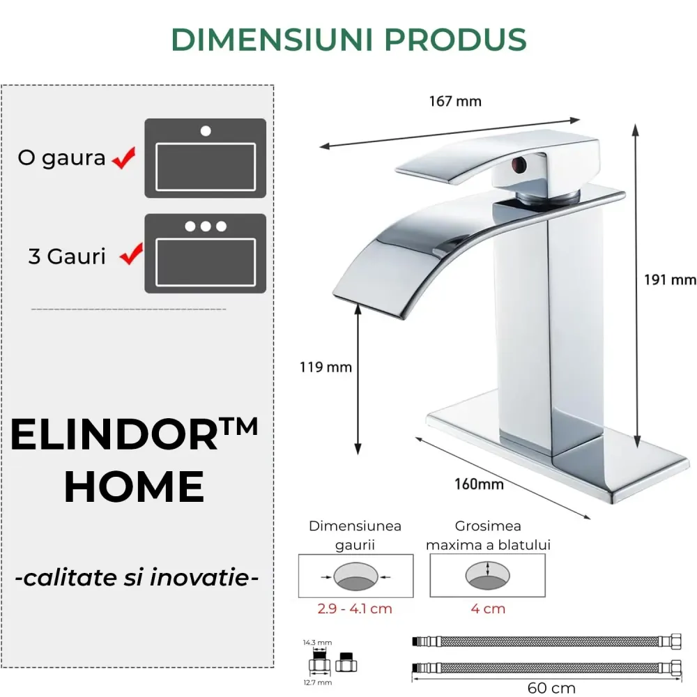 Baterie Cascadă Elindor® pentru Chiuveta Baie, Finisaj Cromat, Mâner Unic, Placă pentru 1 sau 3 Găuri