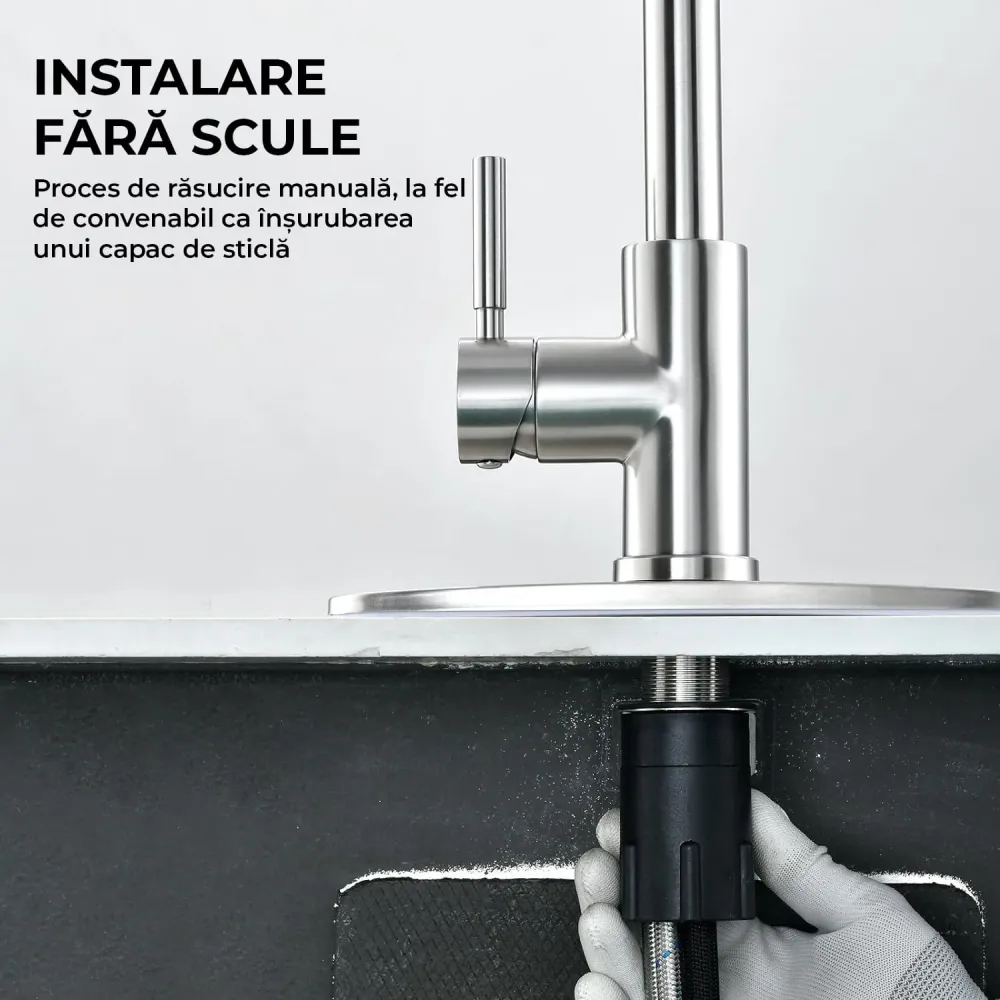 Baterie Chiuvetă Bucătărie cu Duș Extractibil, 3 Moduri de Pulverizare, Monocomandă, Oțel Inoxidabil, Design Modern, 360°