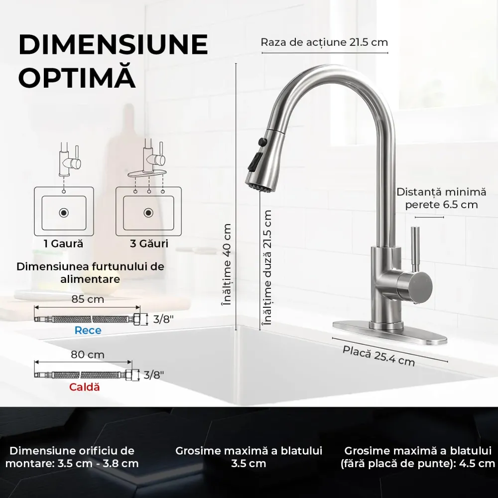 Baterie Chiuvetă Bucătărie cu Duș Extractibil, 3 Moduri de Pulverizare, Monocomandă, Oțel Inoxidabil, Design Modern, 360°