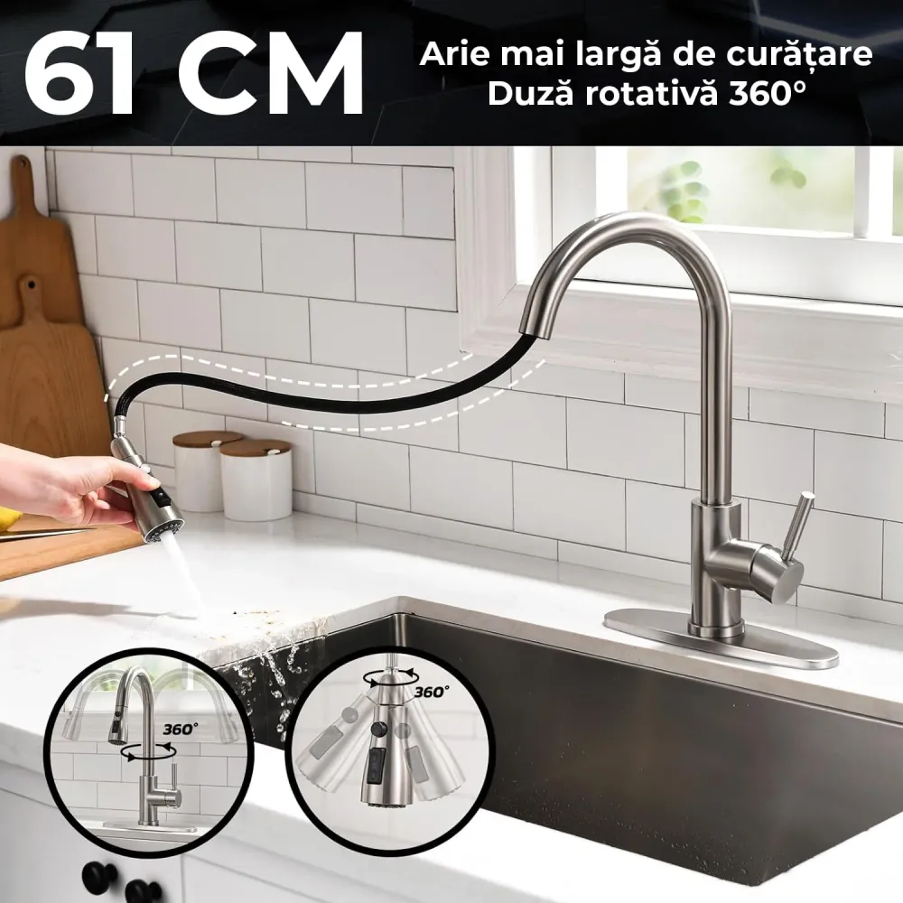 Baterie Chiuvetă Bucătărie cu Duș Extractibil, 3 Moduri de Pulverizare, Monocomandă, Oțel Inoxidabil, Design Modern, 360°