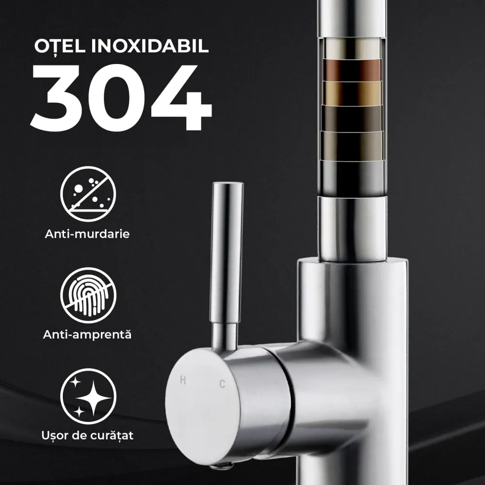 Baterie Chiuvetă Bucătărie cu Duș Extractibil, 3 Moduri de Pulverizare, Monocomandă, Oțel Inoxidabil, Design Modern, 360°