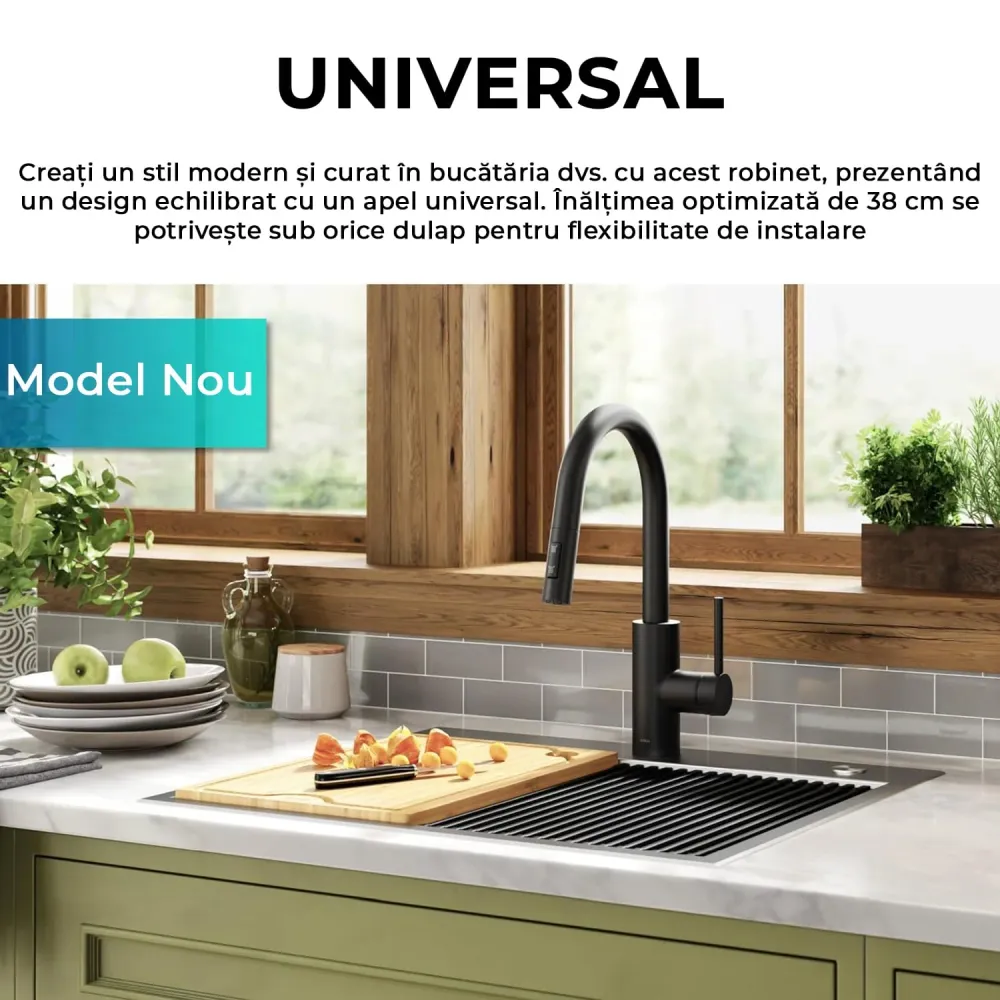 Baterie Chiuvetă Bucătărie cu Duș Extractibil, 2 Moduri de Pulverizare, Monocomandă, Oțel Inoxidabil, Design Modern, Negru
