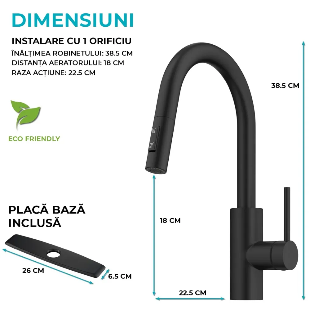 Baterie Chiuvetă Bucătărie cu Duș Extractibil, 2 Moduri de Pulverizare, Monocomandă, Oțel Inoxidabil, Design Modern, Negru