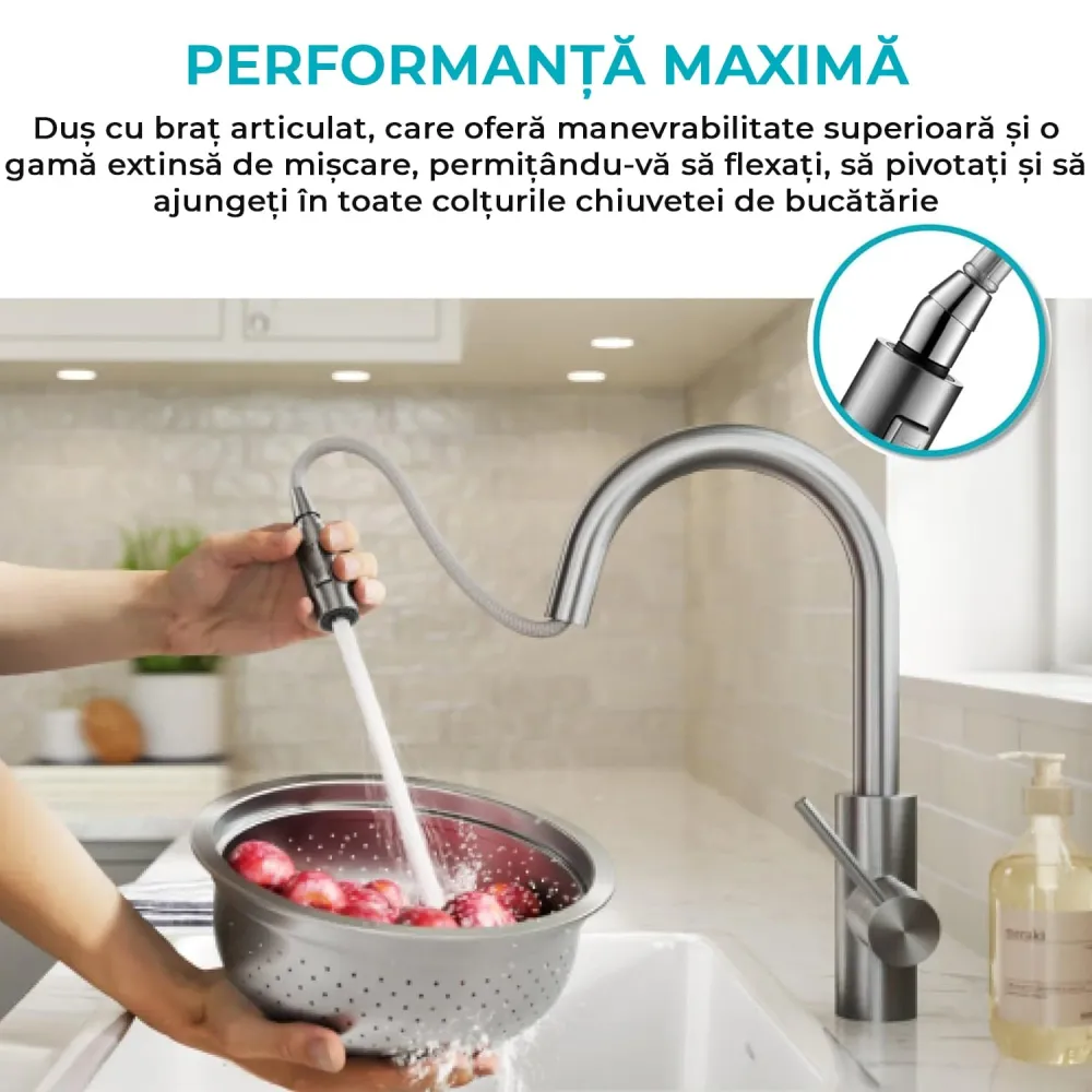 Baterie Chiuvetă Bucătărie cu Duș Extractibil, 2 Moduri de Pulverizare, Monocomandă, Oțel Inoxidabil, Design Modern, Negru