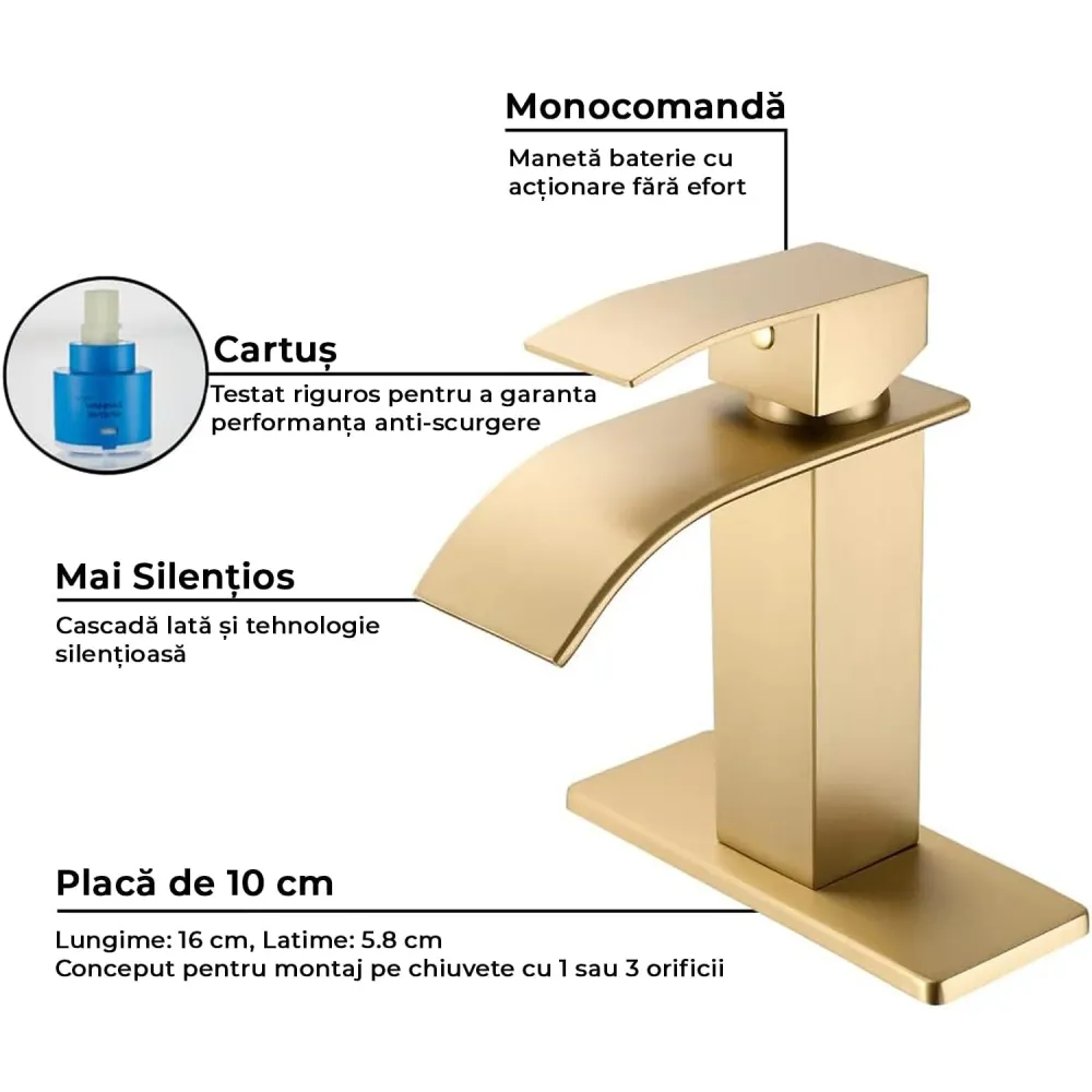 Baterie Chiuvetă Modernă Tip Cascadă, Monocomandă, cu Placă de Montare, Alamă, Auriu
