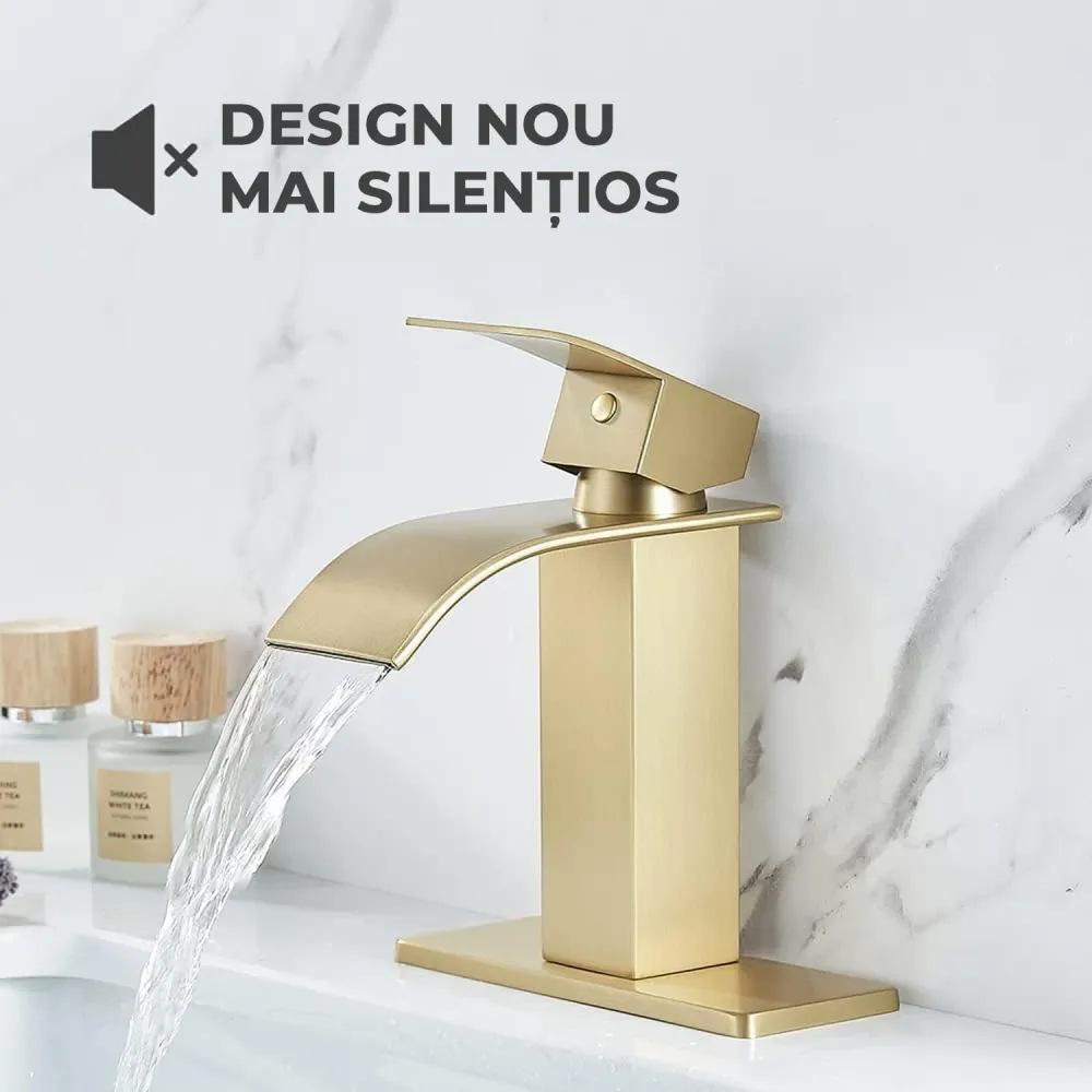 Baterie Chiuvetă Modernă Tip Cascadă, Monocomandă, cu Placă de Montare, Alamă, Auriu