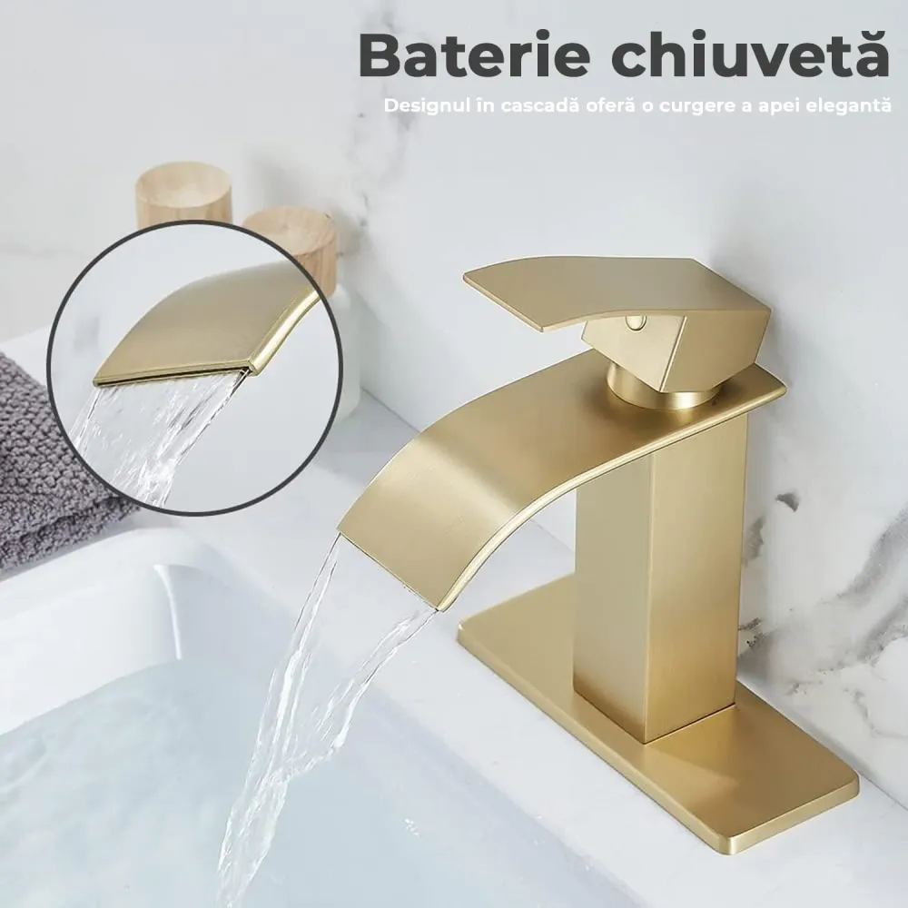 Baterie Chiuvetă Modernă Tip Cascadă, Monocomandă, cu Placă de Montare, Alamă, Auriu