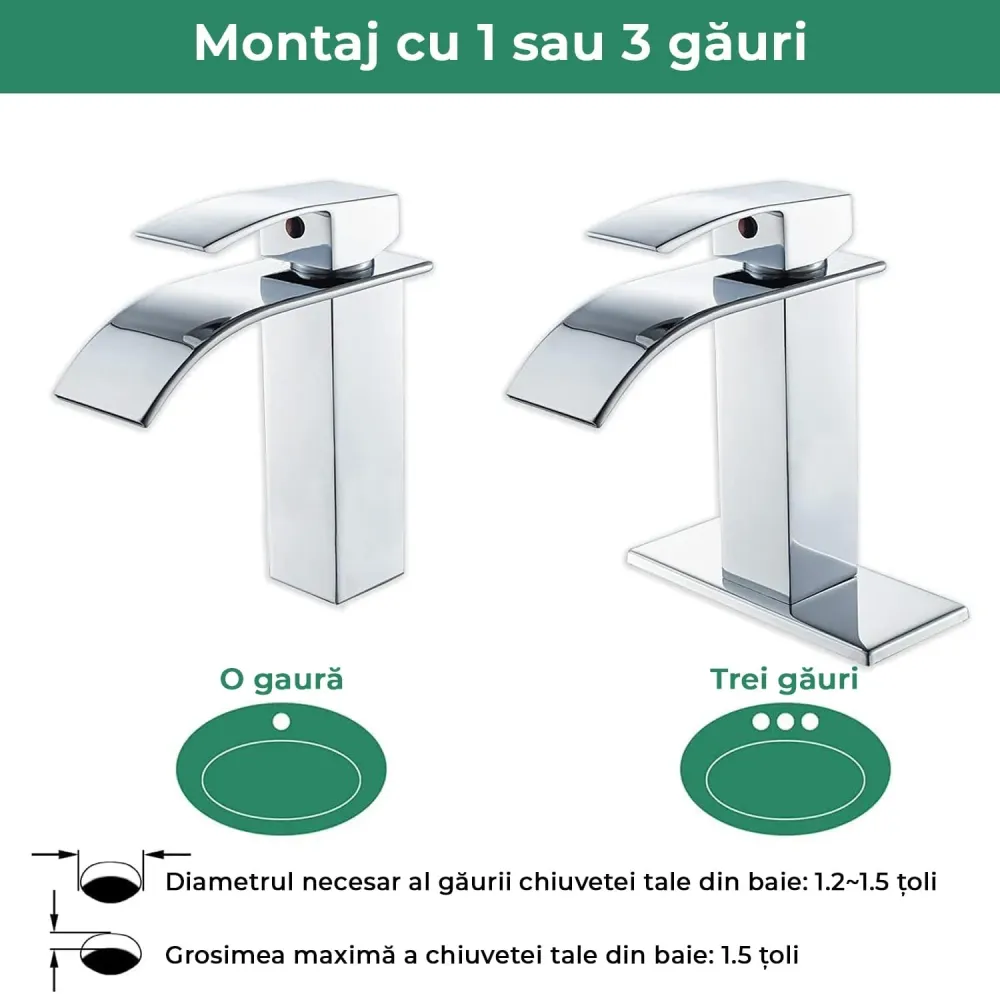 Baterie Chiuvetă Modernă Tip Cascadă, Monocomandă, cu Placă de Montare, Alamă Cromată
