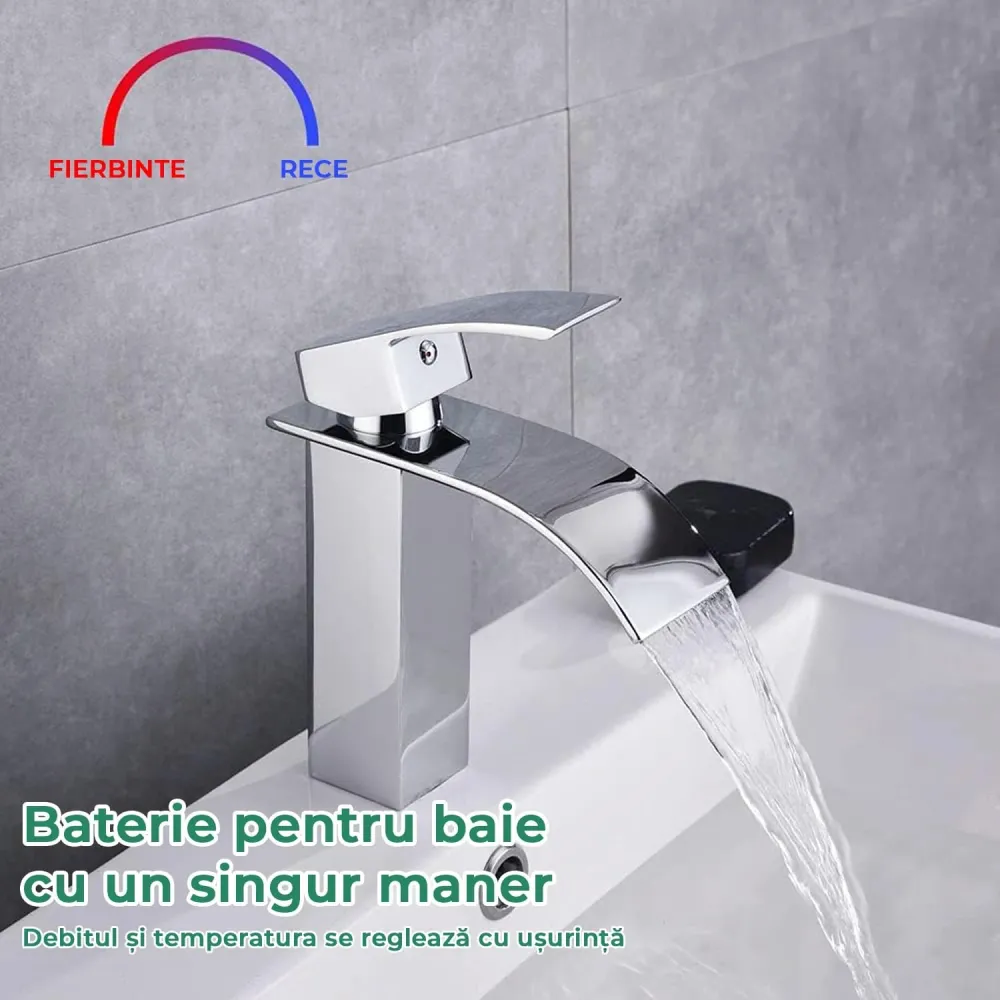 Baterie Chiuvetă Modernă Tip Cascadă, Monocomandă, cu Placă de Montare, Alamă Cromată