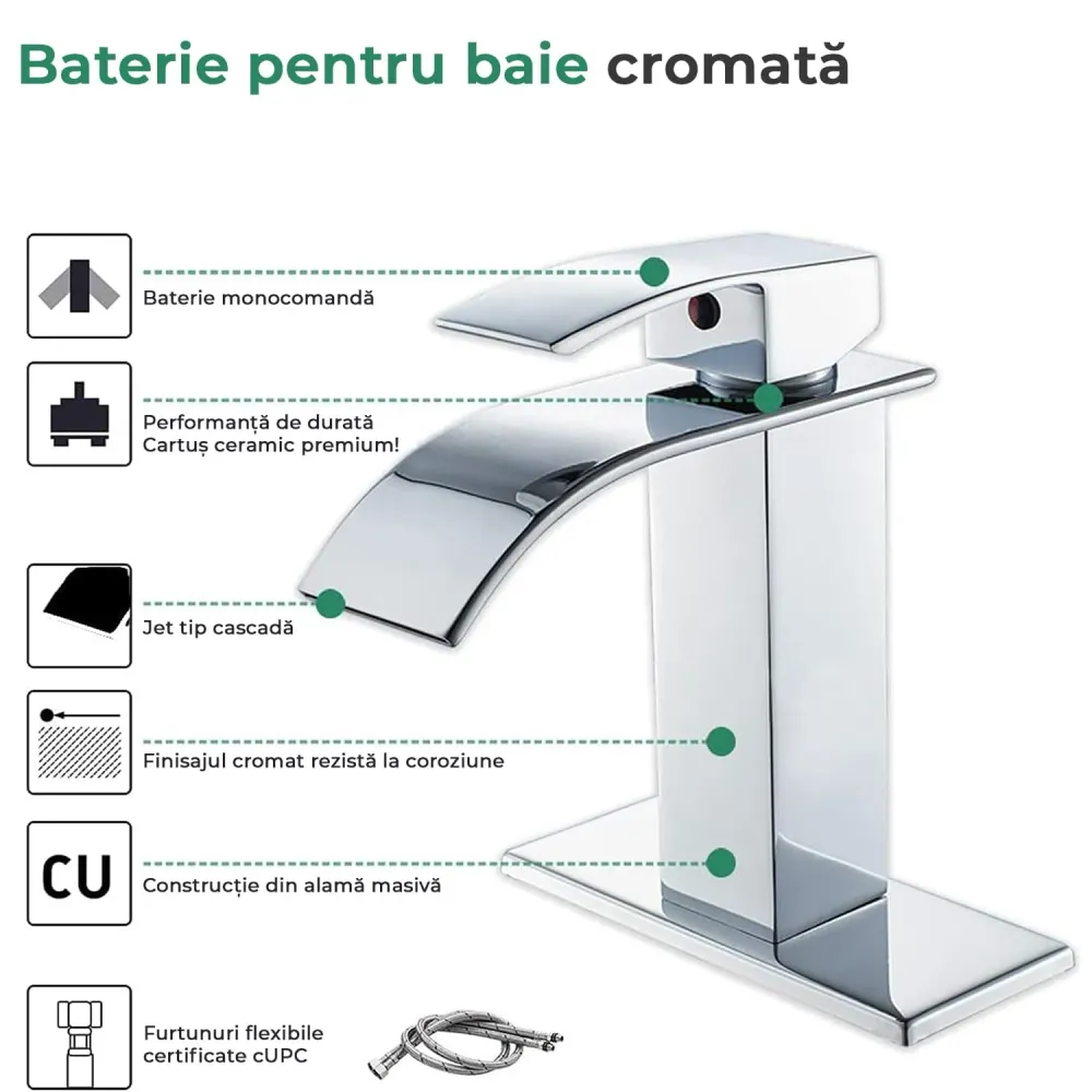 Baterie Chiuvetă Modernă Tip Cascadă, Monocomandă, cu Placă de Montare, Alamă Cromată