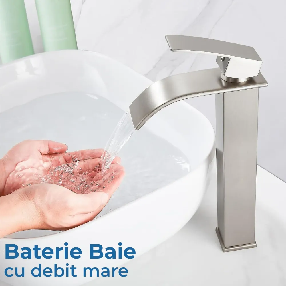 Baterie Chiuvetă Modernă Tip Cascadă pentru Baie/Bucătărie, Monocomandă, Oțel Inoxidabil, Nichel Periat