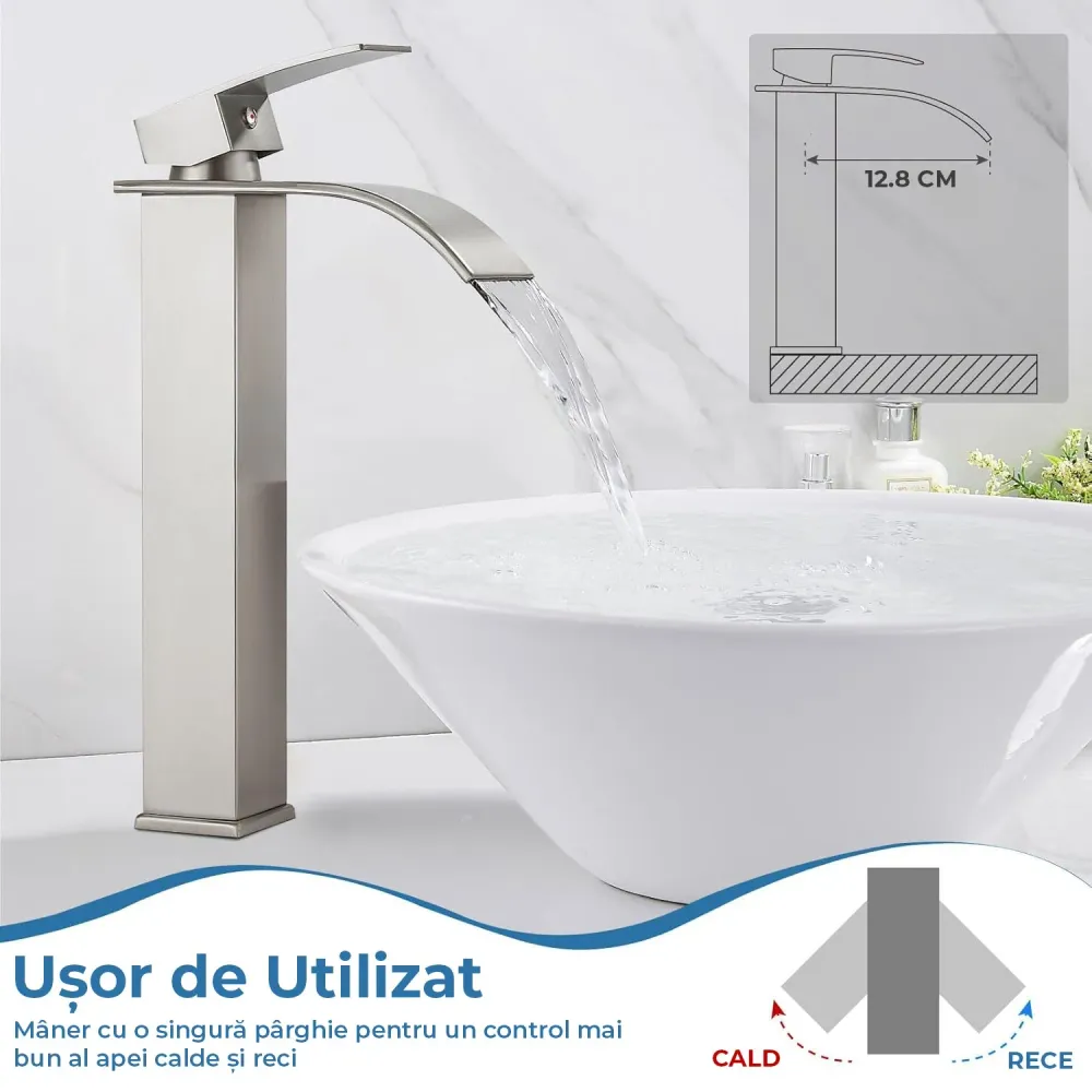 Baterie Chiuvetă Modernă Tip Cascadă pentru Baie/Bucătărie, Monocomandă, Oțel Inoxidabil, Nichel Periat