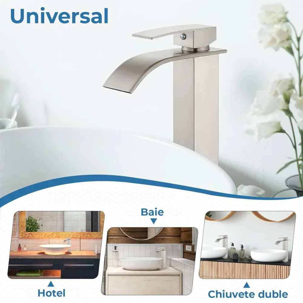 Baterie Chiuvetă Modernă Tip Cascadă pentru Baie/Bucătărie, Monocomandă, Oțel Inoxidabil, Nichel Periat