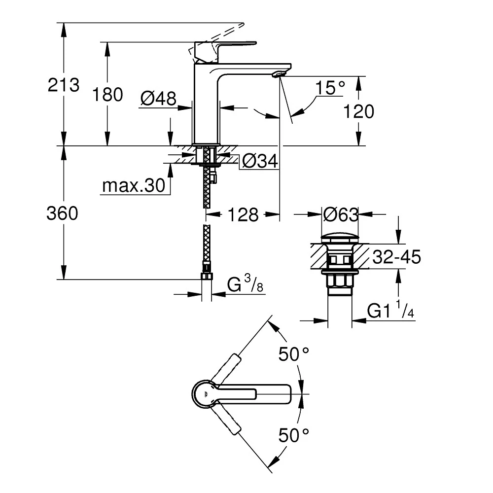 Baterie chiuveta baie aspect inox Grohe Lineare, cu ventil click-clack