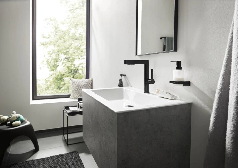 Baterie chiuveta baie pe blat neagra mat Hansgrohe Finoris, cu ventil H23 cm