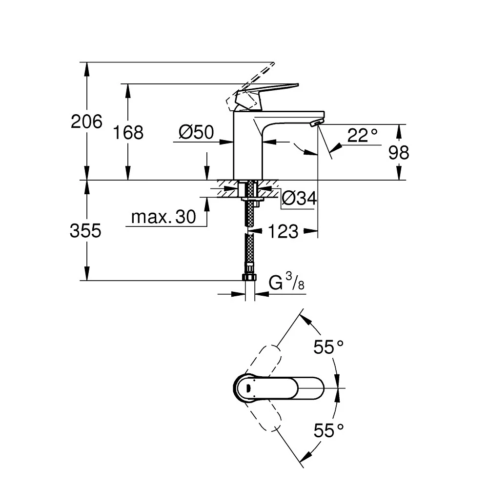 Baterie chiuveta baie Grohe Eurosmart Cosmopolitan, fara ventil, marime M