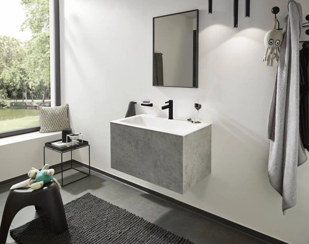 Baterie chiuveta baie neagra mat Hansgrohe Finoris, cu ventil H16 cm