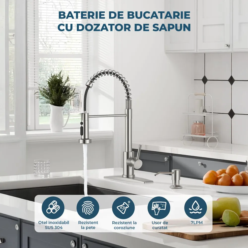 Baterie Chiuveta Bucatarie Argintie Elindor® Robinet de Apa Modern, cu Suport Incastrat pentru Sapun, Jet Reglabil, Cap Du...