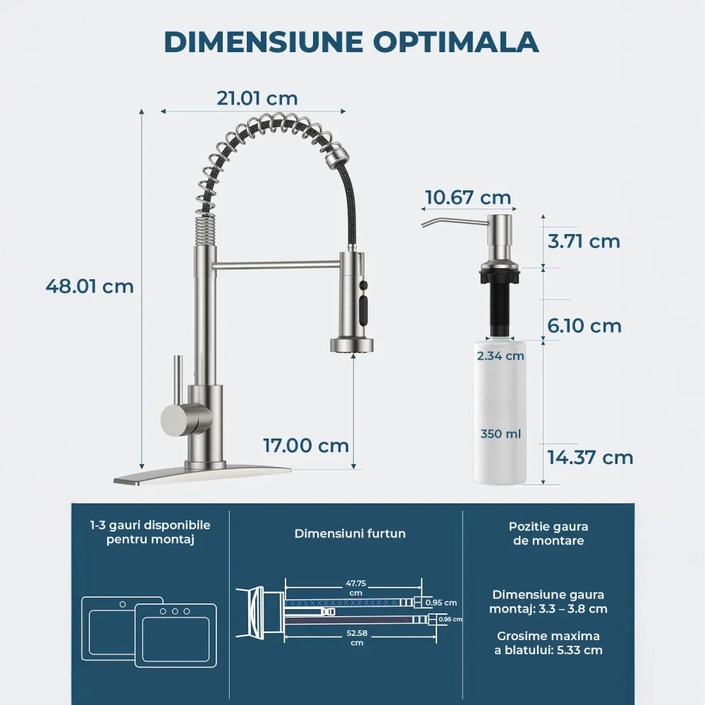 Baterie Chiuveta Bucatarie Argintie Elindor® Robinet de Apa Modern, cu Suport Incastrat pentru Sapun, Jet Reglabil, Cap Du...