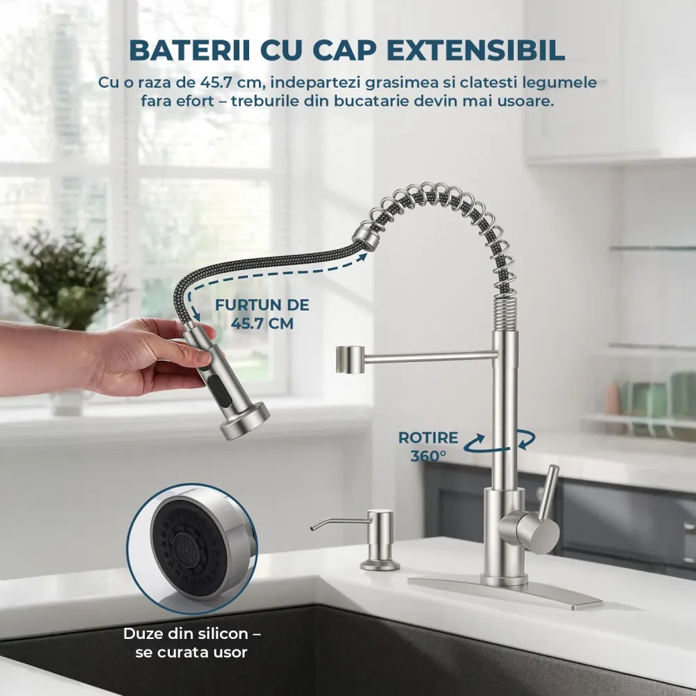 Baterie Chiuveta Bucatarie Argintie Elindor® Robinet de Apa Modern, cu Suport Incastrat pentru Sapun, Jet Reglabil, Cap Du...