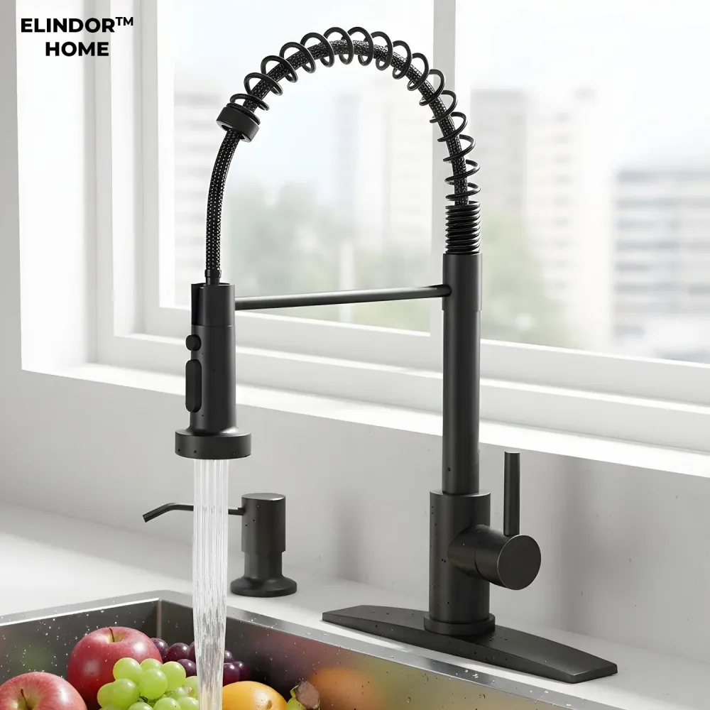 Baterie Chiuveta Bucatarie Neagra Elindor® Robinet de Apa Modern, cu Suport Incastrat pentru Sapun, Jet Reglabil, Cap Dus...