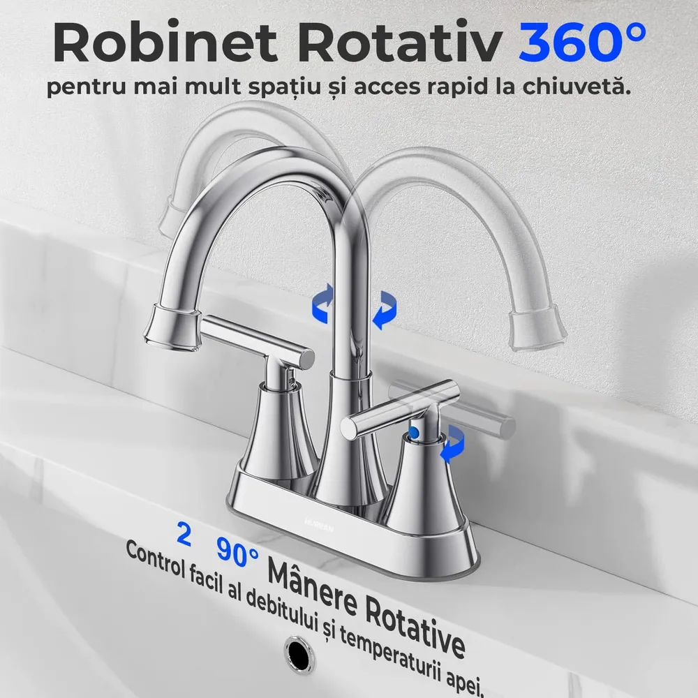 Baterie Chiuveta Moderna pentru Lavoar cu 2 Manere, Robinet Central 360 Grade din Otel Inoxidabil fara Plumb, Montare pent...