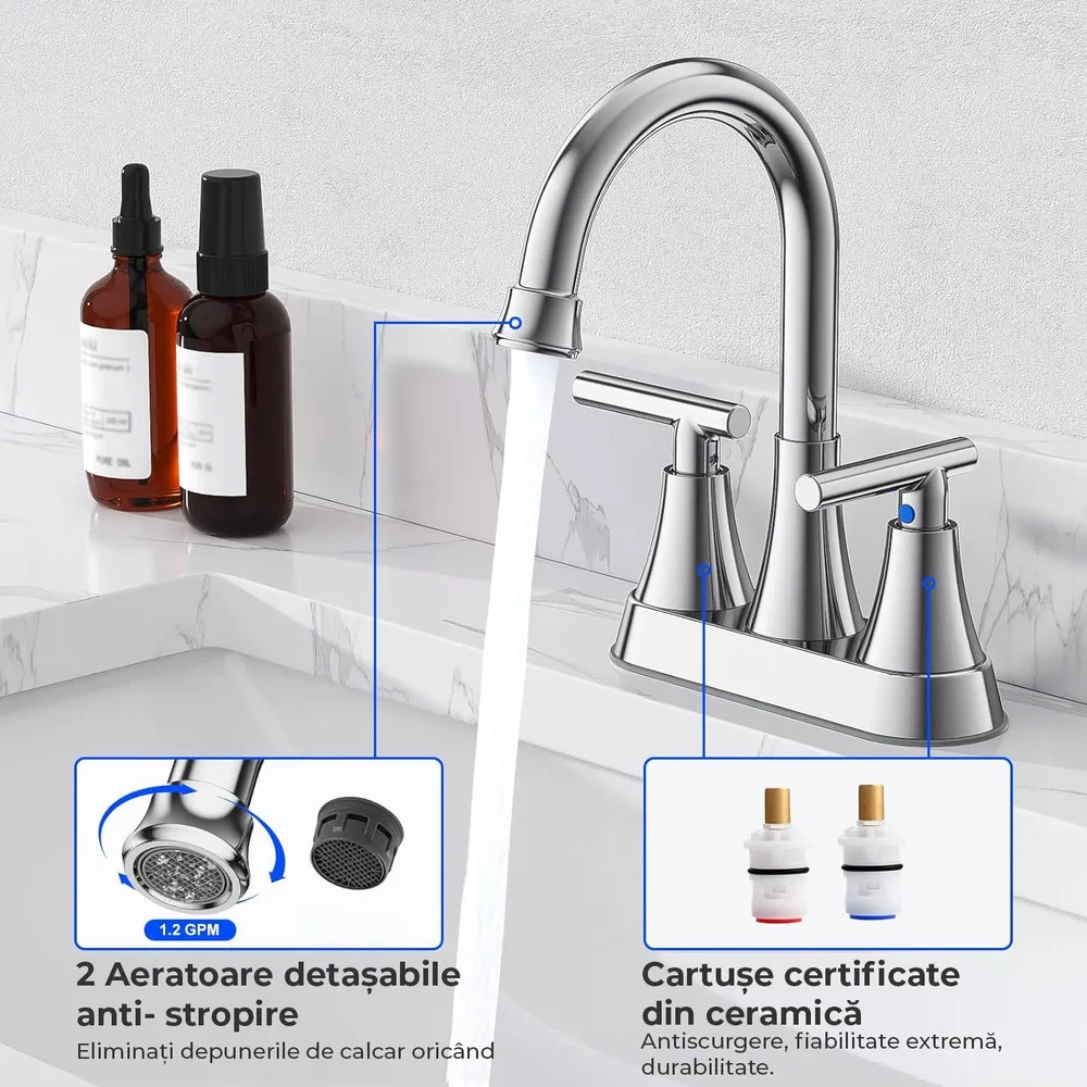 Baterie Chiuveta Moderna pentru Lavoar cu 2 Manere, Robinet Central 360 Grade din Otel Inoxidabil fara Plumb, Montare pent...