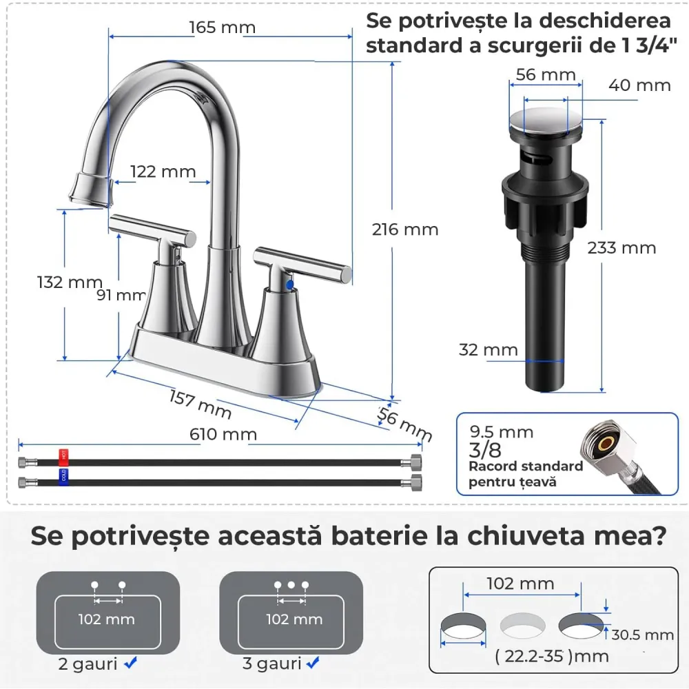 Baterie Chiuveta Moderna pentru Lavoar cu 2 Manere, Robinet Central 360 Grade din Otel Inoxidabil fara Plumb, Montare pent...