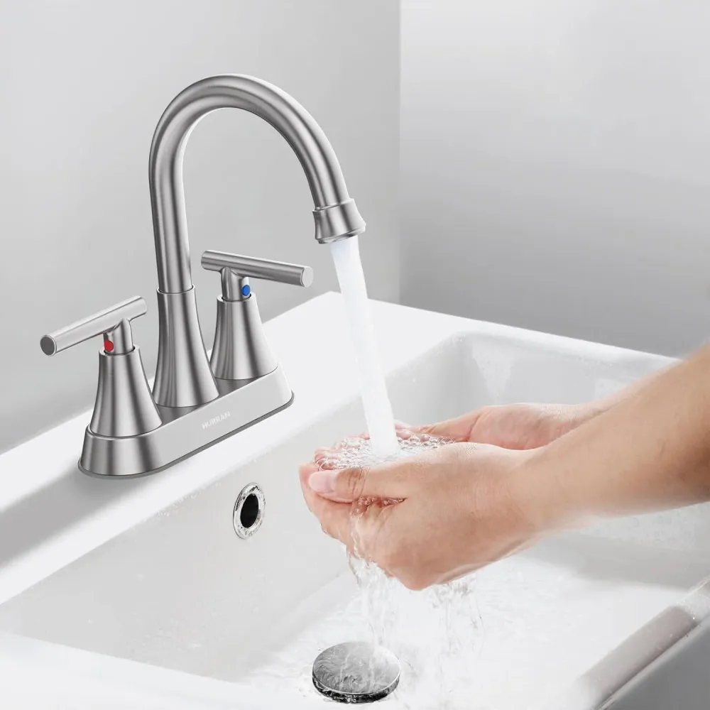 Baterie Chiuveta Moderna pentru Lavoar cu 2 Manere din Nichel Periat, Robinet Central 360 Grade din Otel Inoxidabil fara P...