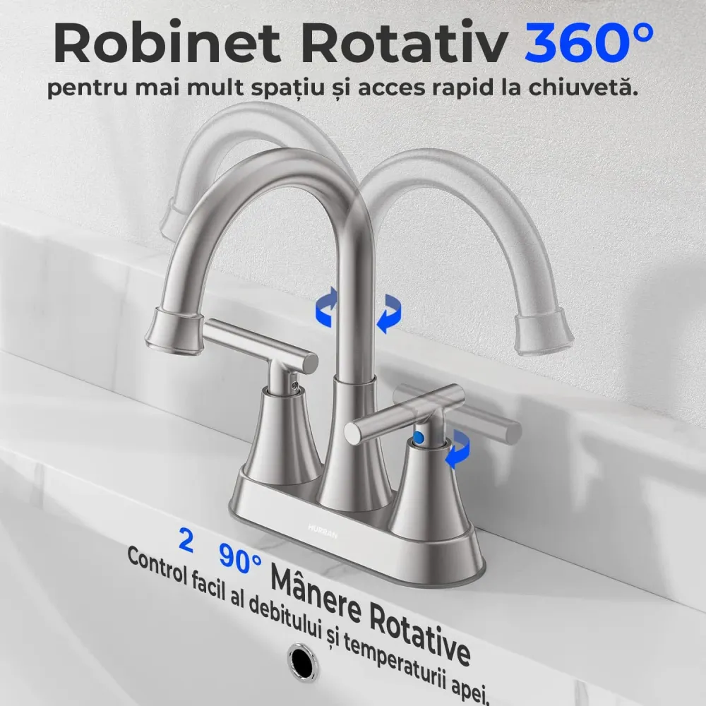 Baterie Chiuveta Moderna pentru Lavoar cu 2 Manere din Nichel Periat, Robinet Central 360 Grade din Otel Inoxidabil fara P...