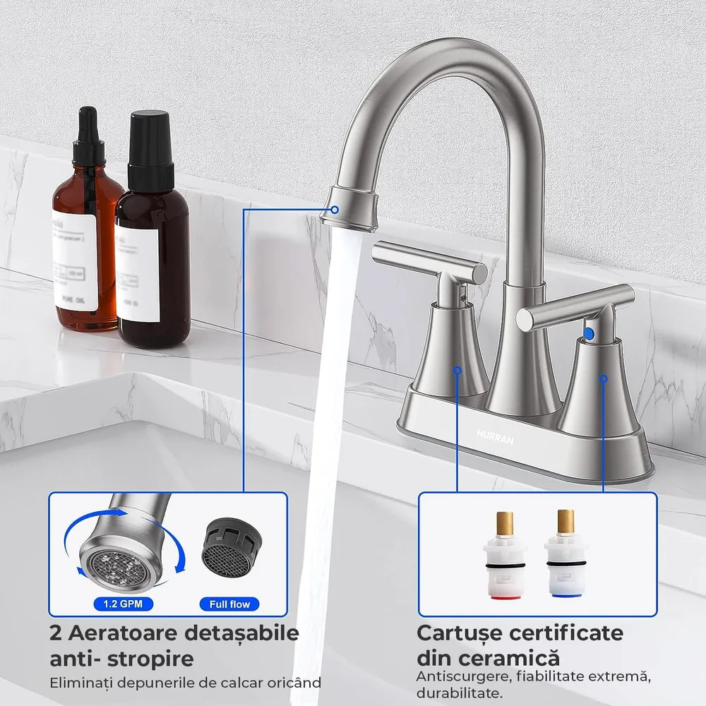 Baterie Chiuveta Moderna pentru Lavoar cu 2 Manere din Nichel Periat, Robinet Central 360 Grade din Otel Inoxidabil fara P...