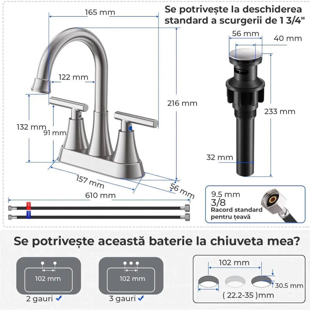Baterie Chiuveta Moderna pentru Lavoar cu 2 Manere din Nichel Periat, Robinet Central 360 Grade din Otel Inoxidabil fara P...