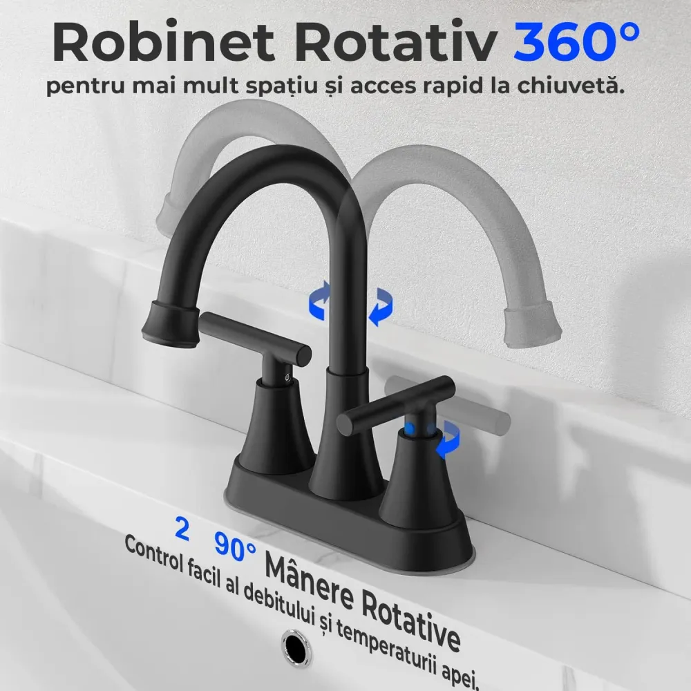Baterie Chiuveta Moderna pentru Lavoar cu 2 Manere, Robinet Central 360 Grade din Otel Inoxidabil fara Plumb, Montare pent...