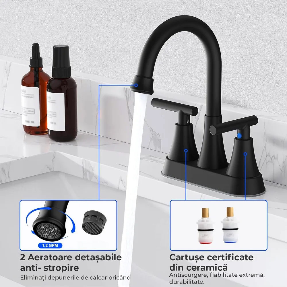 Baterie Chiuveta Moderna pentru Lavoar cu 2 Manere, Robinet Central 360 Grade din Otel Inoxidabil fara Plumb, Montare pent...