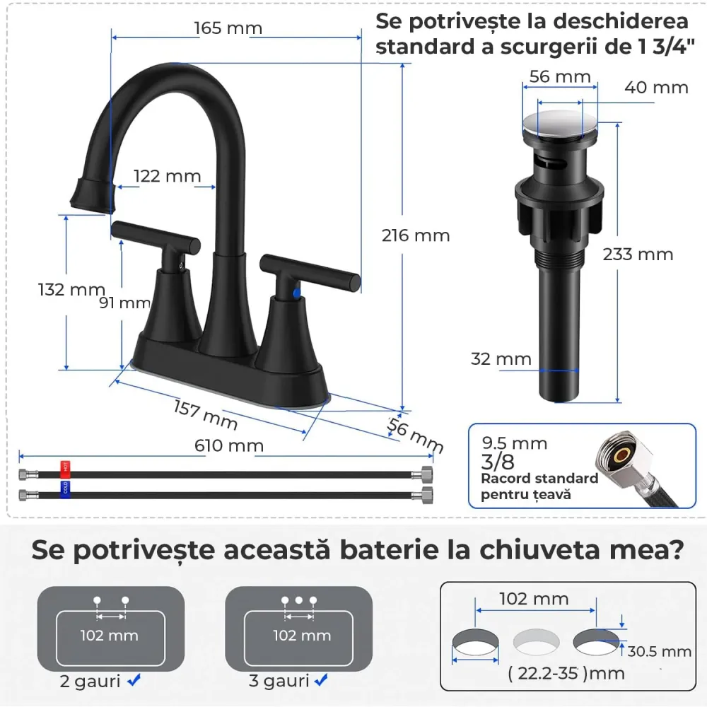 Baterie Chiuveta Moderna pentru Lavoar cu 2 Manere, Robinet Central 360 Grade din Otel Inoxidabil fara Plumb, Montare pent...