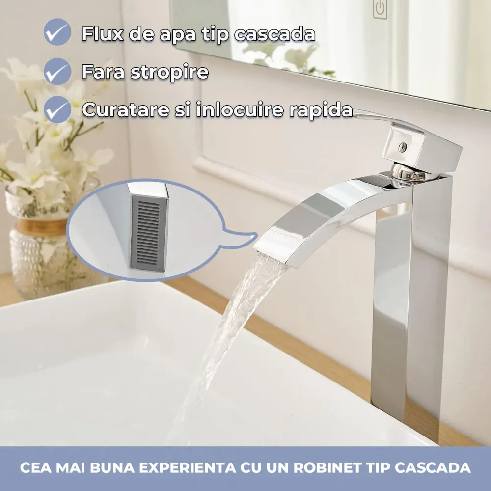 Baterie Chiuveta Vas Elindor®, Robinet Cascada, Design Modern, Alama Solida, Argintiu