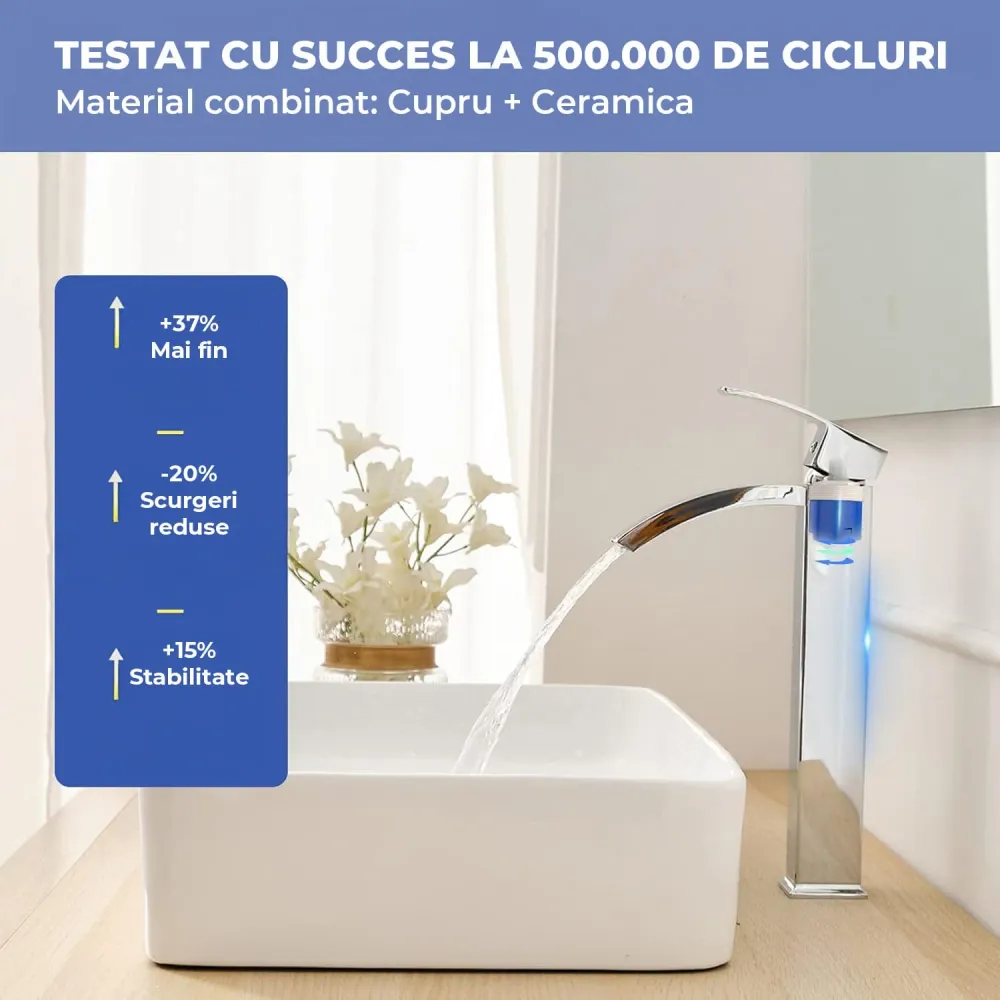 Baterie Chiuveta Vas Elindor®, Robinet Cascada, Design Modern, Alama Solida, Argintiu