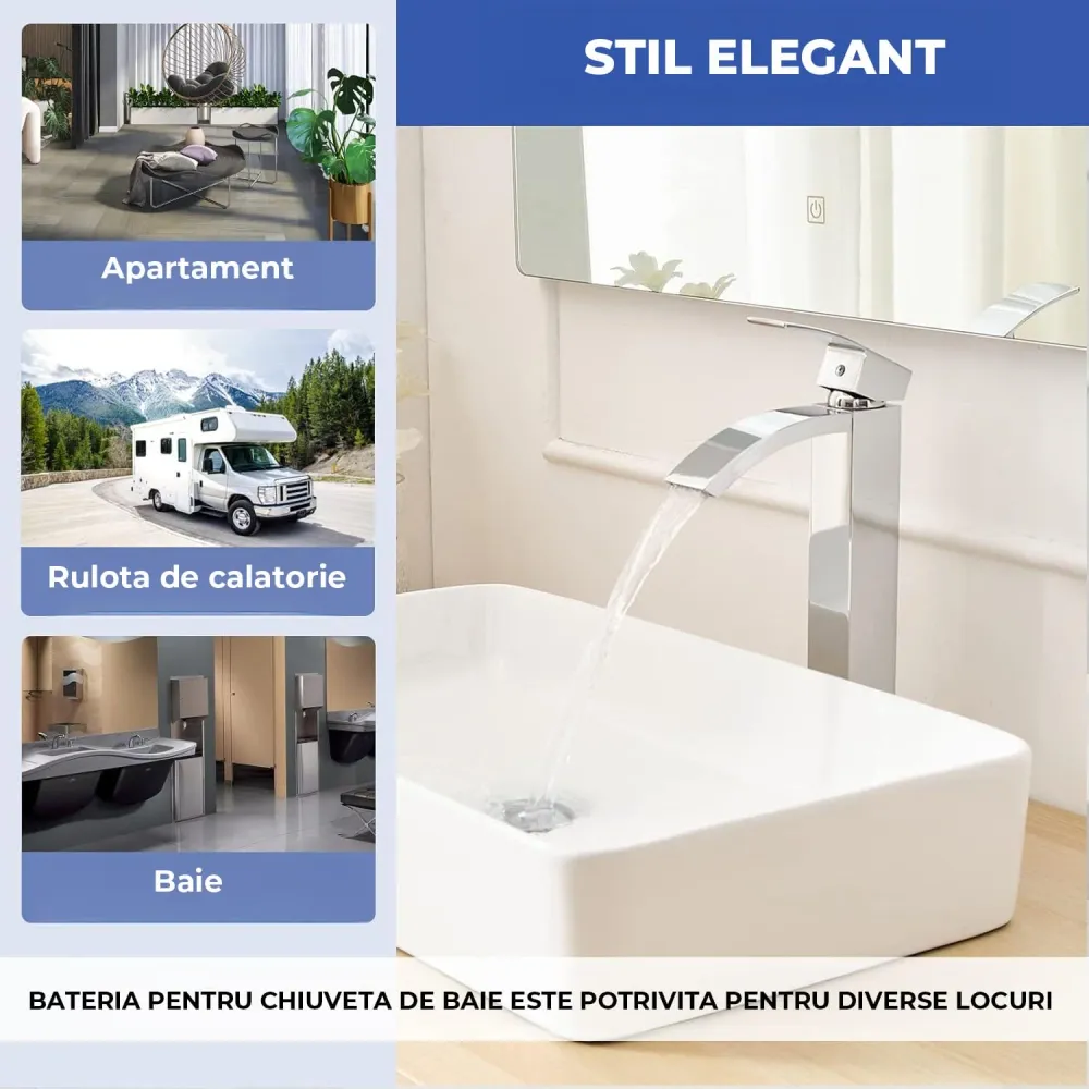 Baterie Chiuveta Vas Elindor®, Robinet Cascada, Design Modern, Alama Solida, Argintiu