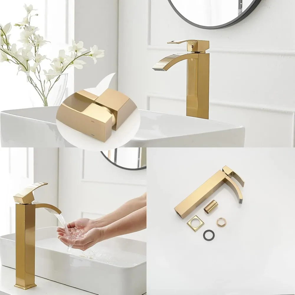 Baterie Chiuveta Vas Elindor®, Robinet Cascada, Design Modern, Alama Solida, Auriu