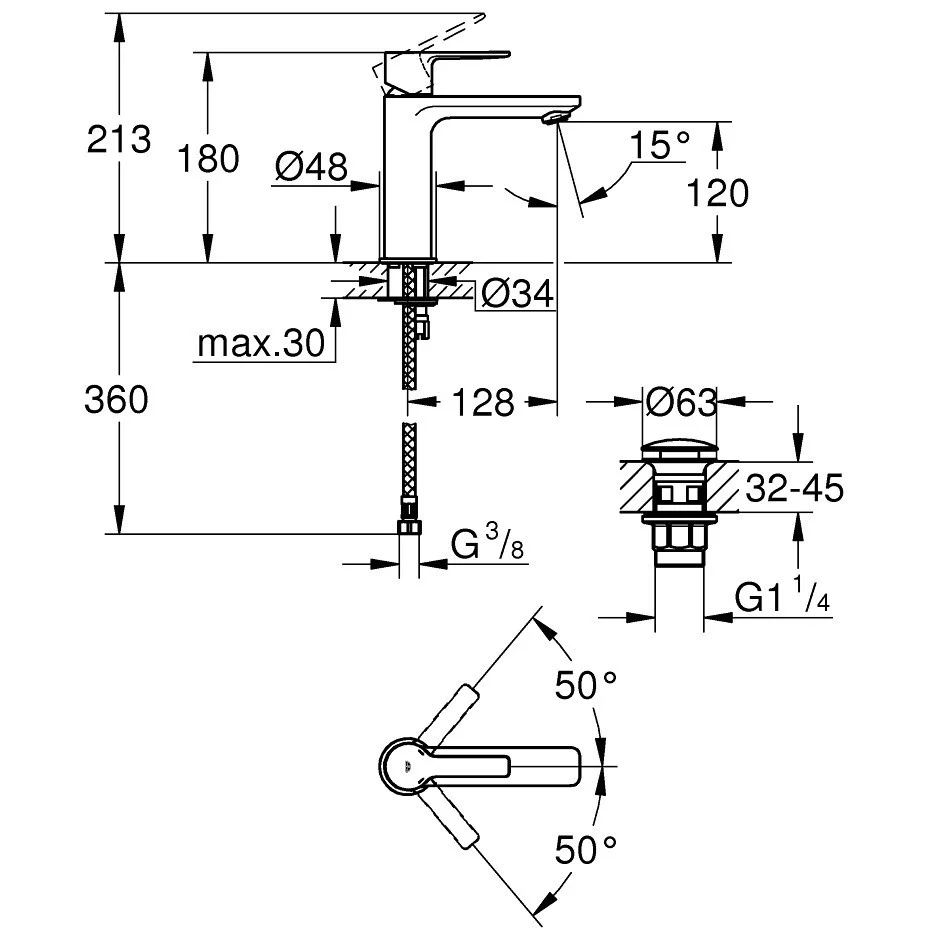 Baterie lavoar antracit mat Grohe Lineare, cu ventil click-clack