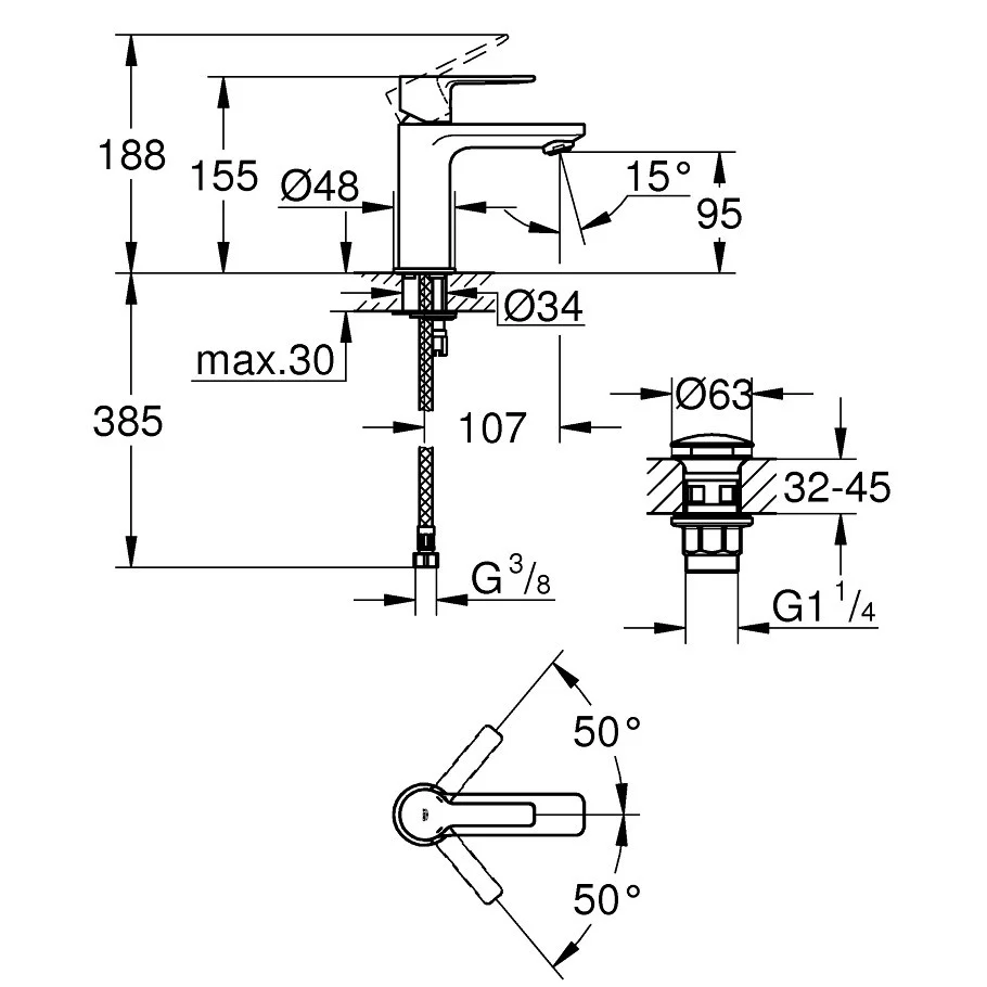 Baterie lavoar antracit mat Grohe Lineare, cu ventil click-clack, marime XS